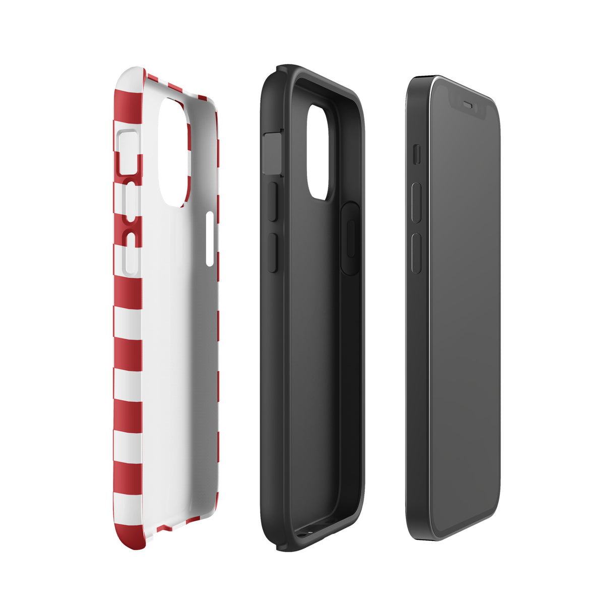 Phone Case for iPhone with crimson red checkered design displayed in three angles.