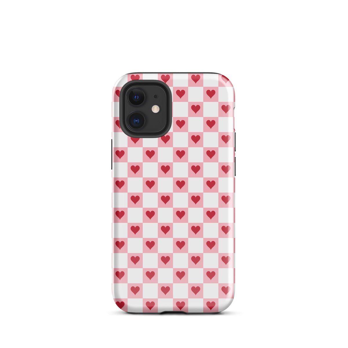 Phone Case for iPhone with pink-and-white checkered design and red hearts, perfect for stylish protection and charm.
