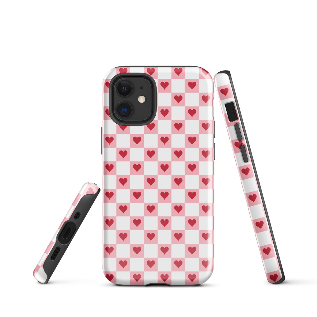 Phone Case for iPhone with pink-and-white red hearts checkered design, featuring crimson hearts on a playful pattern.