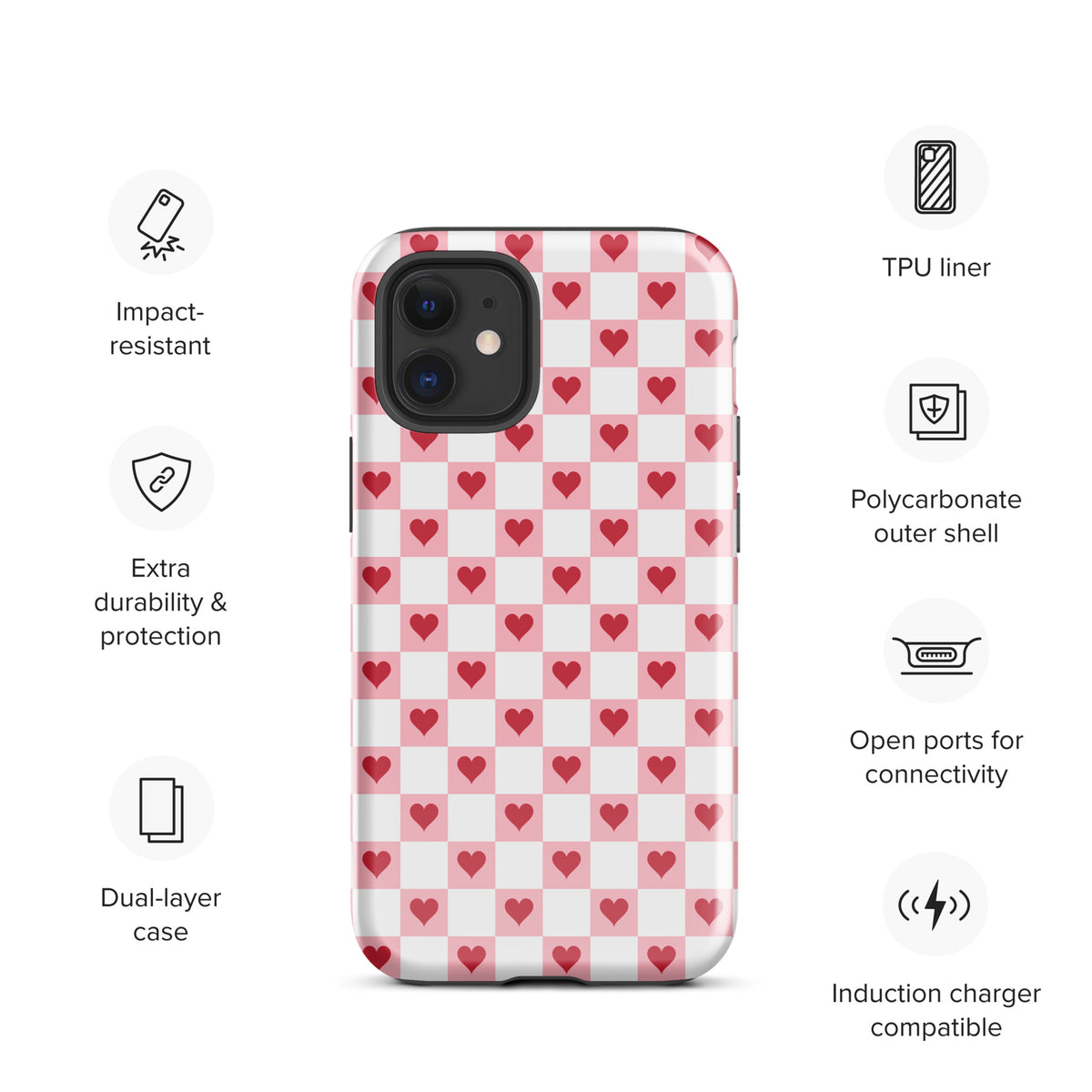 Phone Case for iPhone with pink-and-white checkered design featuring red hearts; impact-resistant and compatible with induction charging.
