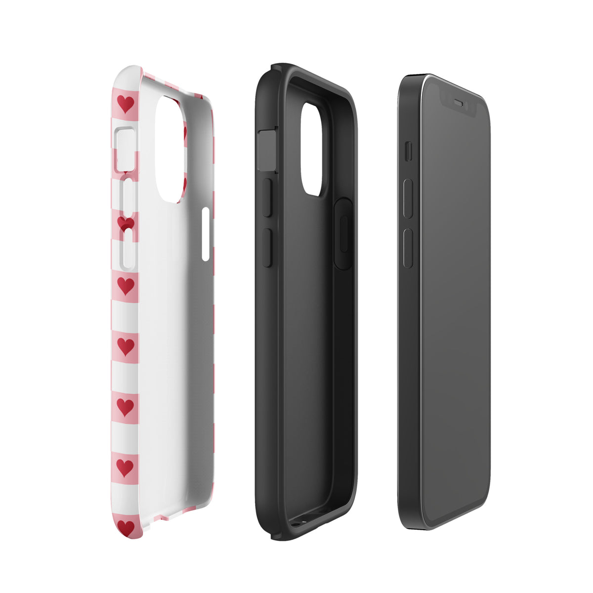 Phone Case for iPhone with pink-and-white design featuring red hearts, showcasing charm and modern style.