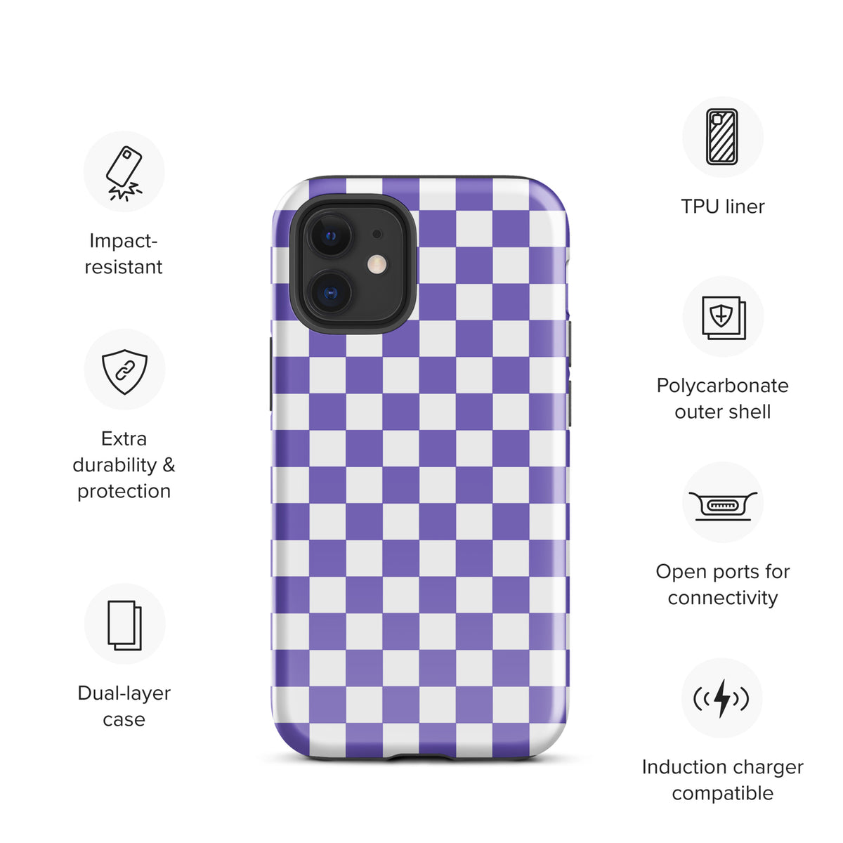 Purple & white checkered Phone Case for iPhone, showcasing bold design and durability features like TPU liner and polycarbonate shell.