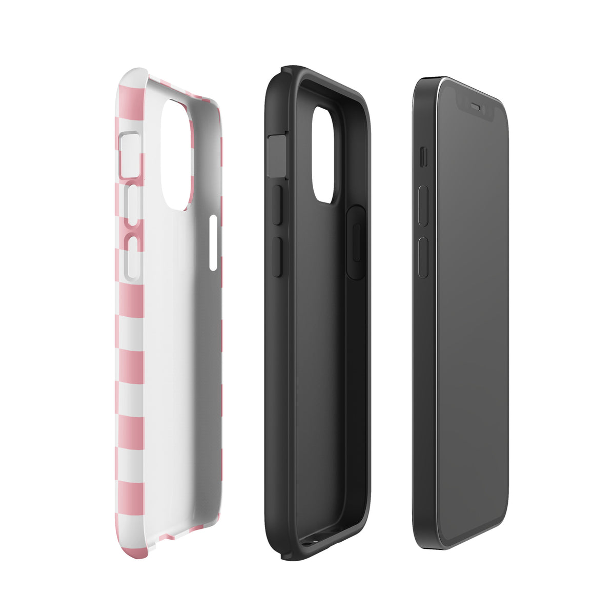 Phone Case for iPhone with playful pink and white checkered design, showcasing front, back, and side views