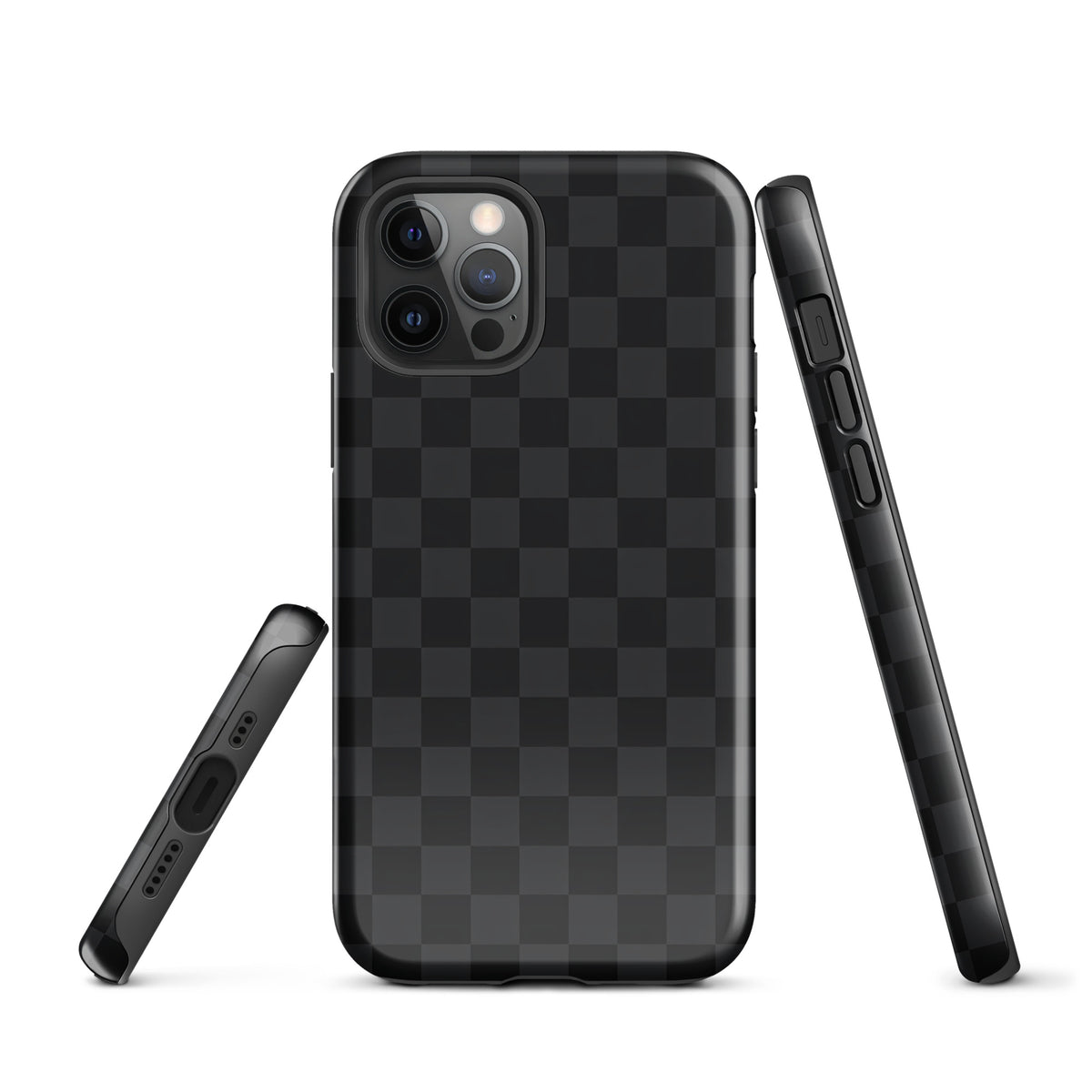 Phone Case for iPhone in black and charcoal checkered design, modern minimalist style.