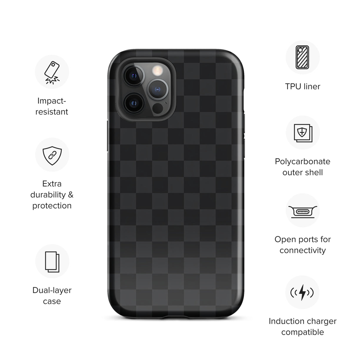 Phone Case with black and charcoal checkered design for iPhone, showing impact-resistant dual-layer protection and sleek modern style.