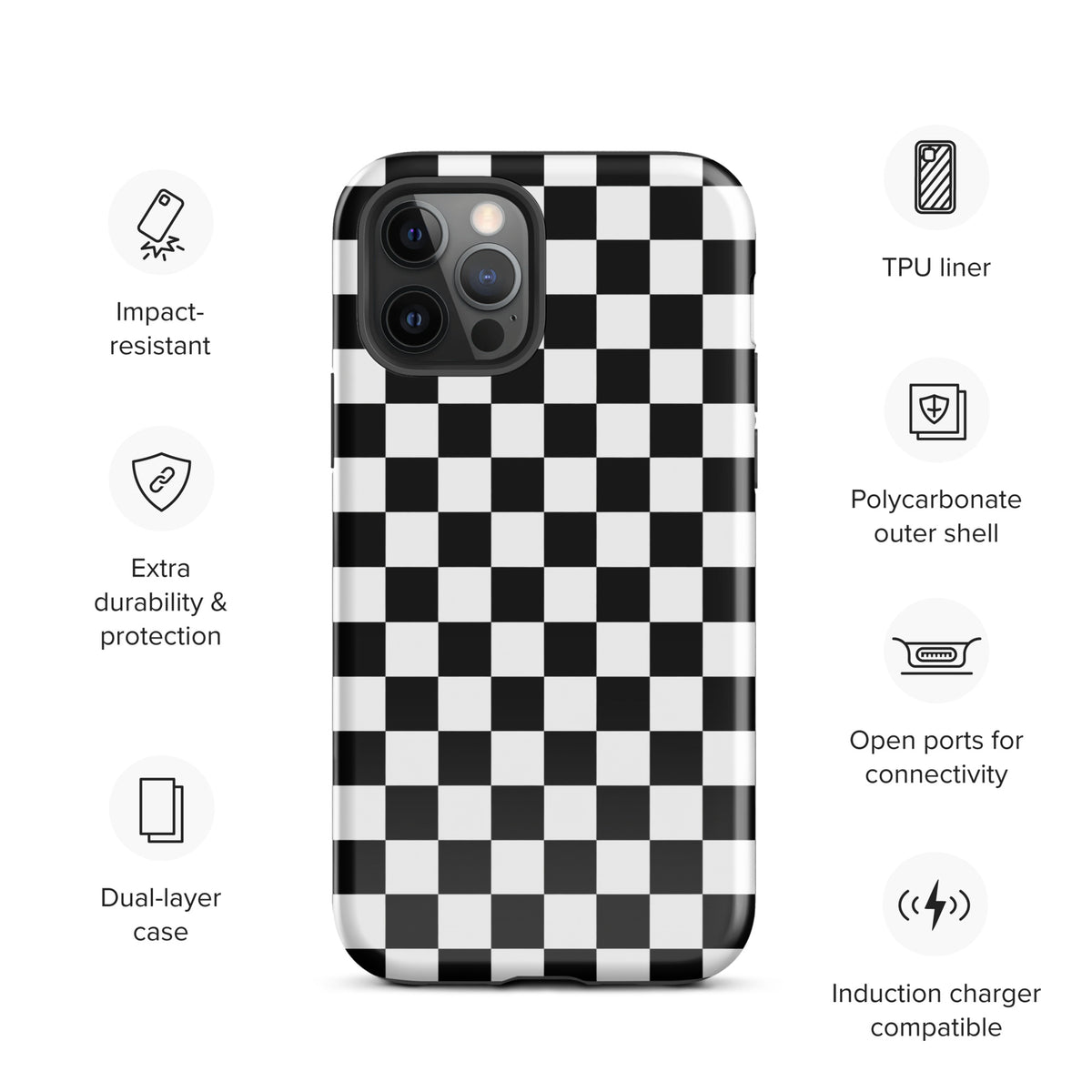 Phone Case with bold black-and-white checkered pattern, impact-resistant, dual-layer, protective, for iPhone.