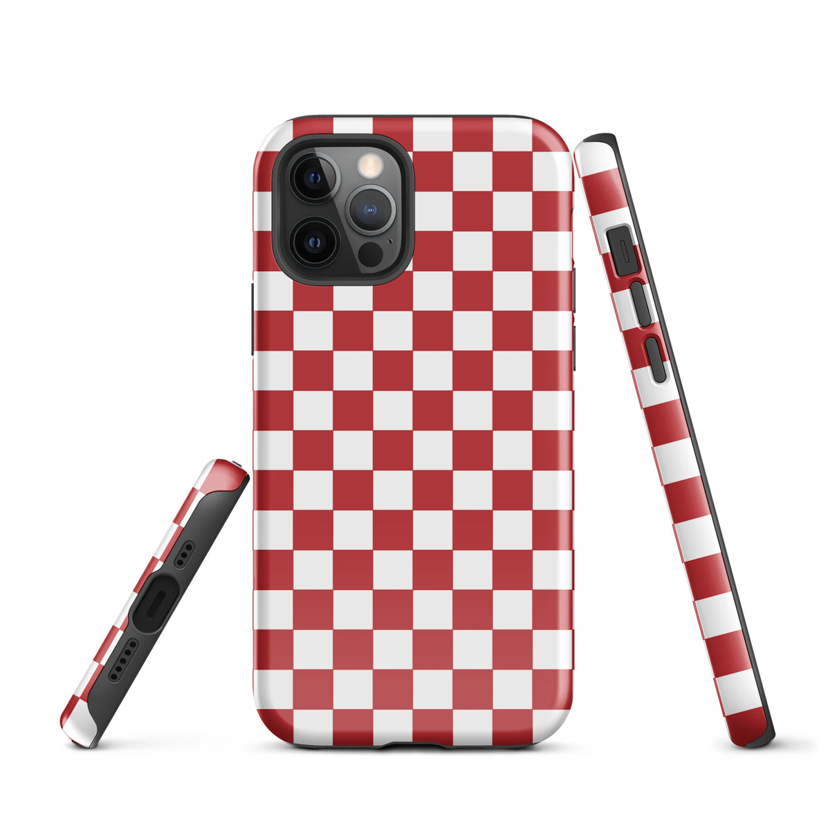 Phone Case for iPhone in crimson red checkered design, showcasing bold and playful style, ideal for fashion-forward users.