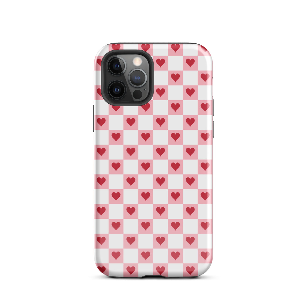 Phone Case with pink-and-white checkered design featuring red hearts for iPhone.