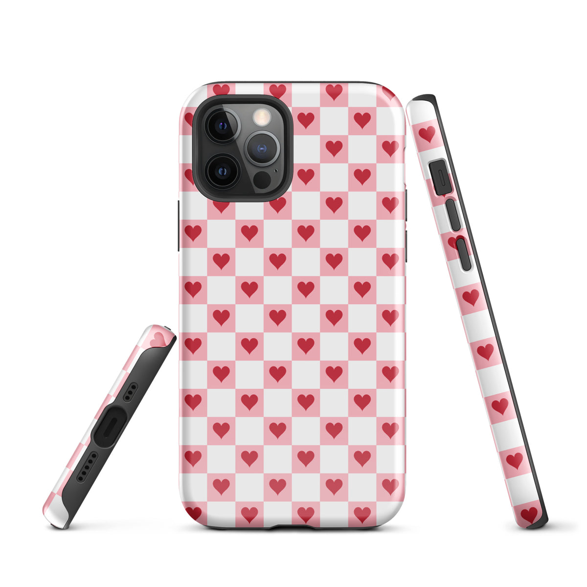 Phone Case for iPhone with pink-and-white checkered design and red hearts