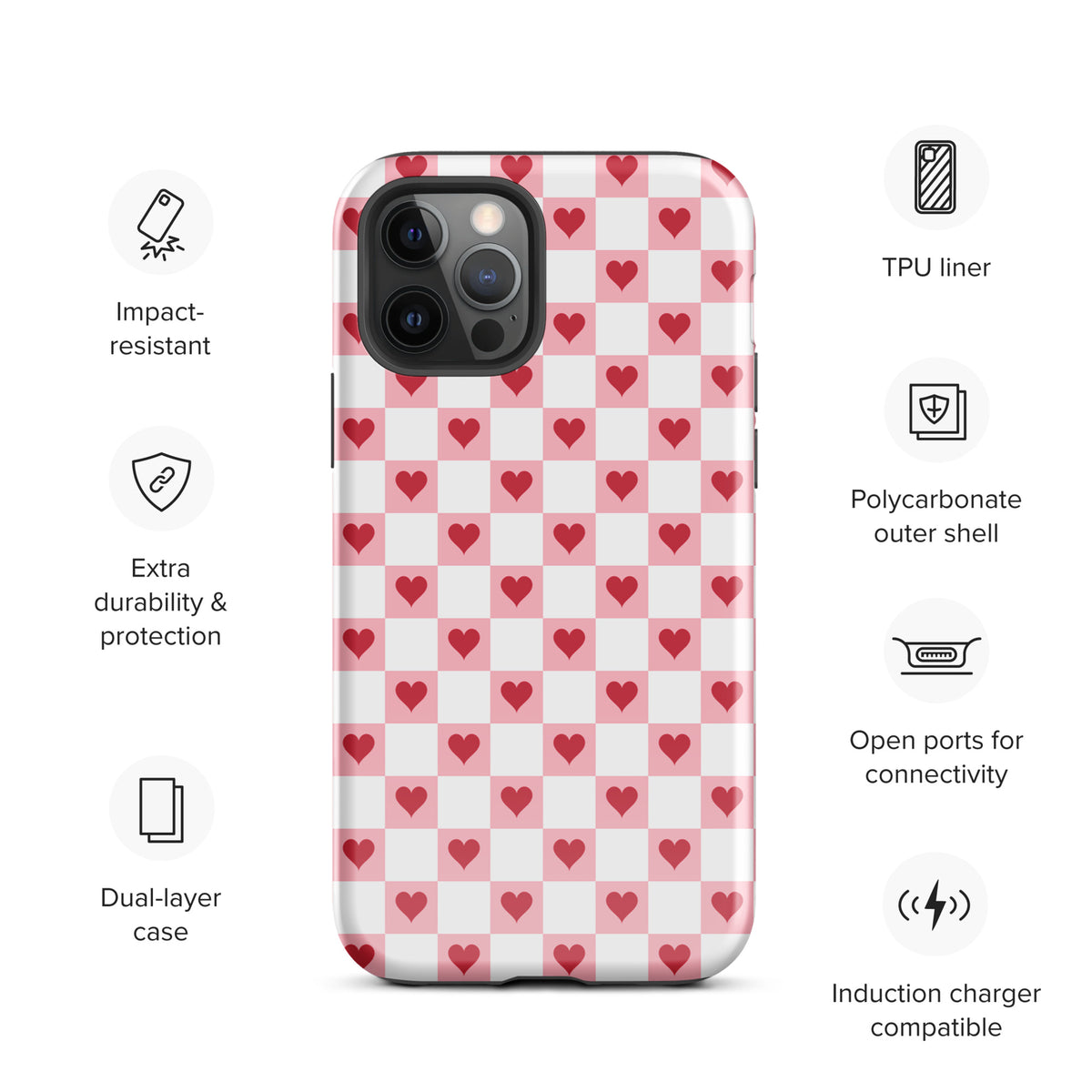 Phone Case for iPhone with pink-and-white checkered design, red hearts, impact-resistant and dual-layer protection features.