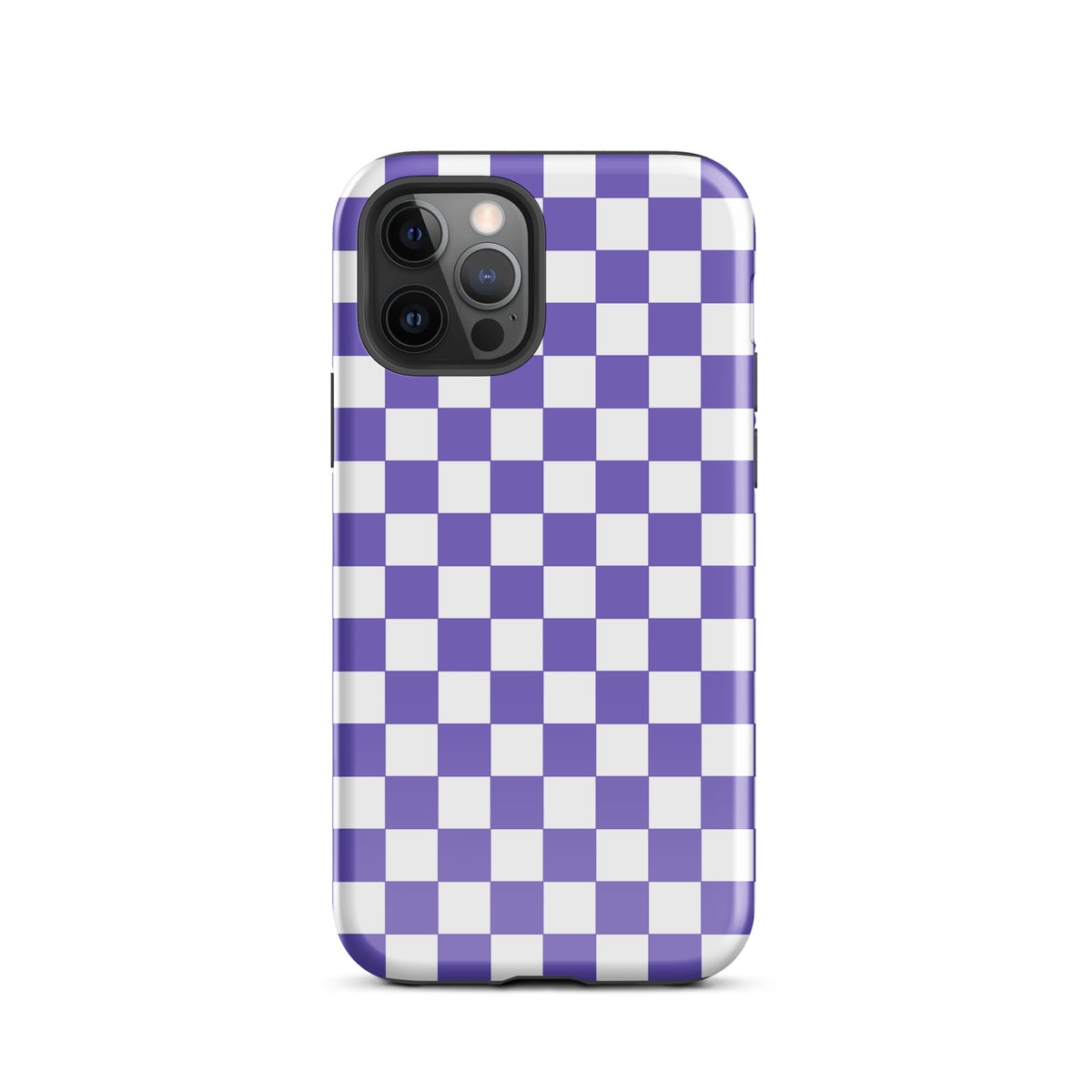 Phone Case with purple and white checkered pattern for iPhone, stylish accessory to enhance your device's fashion statement.