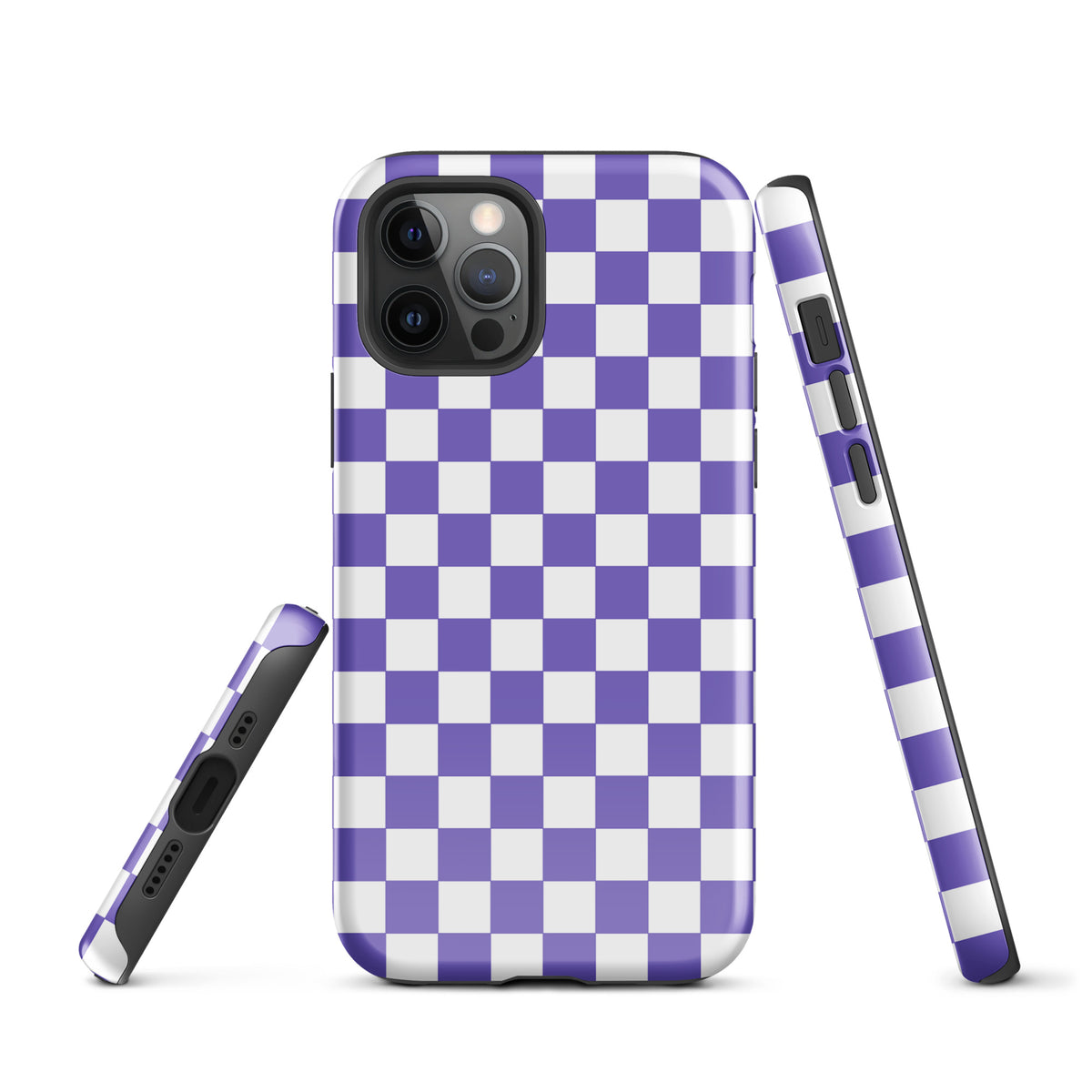 Phone Case for iPhone with purple and white checkered pattern, stylish design for everyday use and enhancing phone appearance.