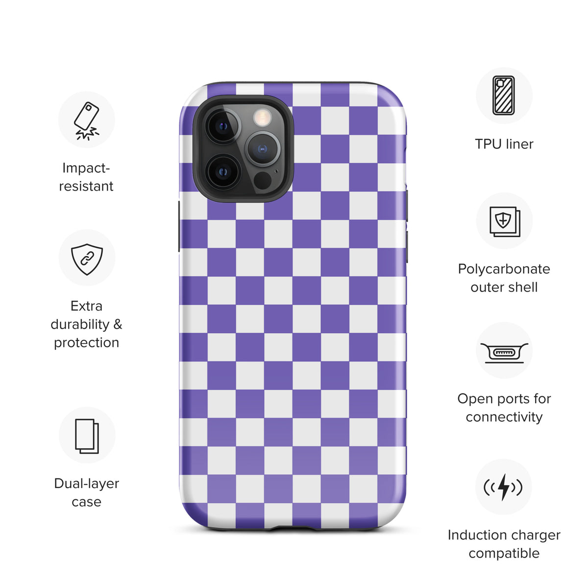 Phone Case with purple and white checkered design for iPhone, showcasing impact resistance and induction charger compatibility.