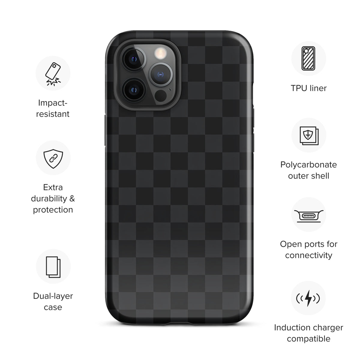 Phone Case for iPhone with black and charcoal checkered design, featuring dual-layer protection and open ports for connectivity.