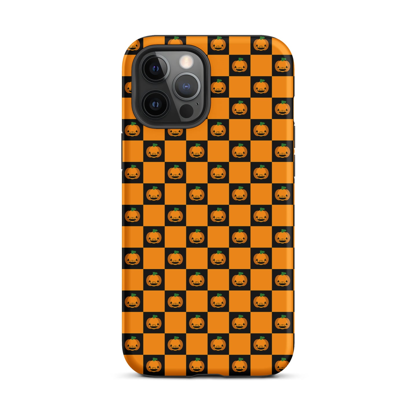 Phone Case for iPhone with playful pumpkin checkered Halloween design featuring orange and black squares and jack-o'-lantern faces.