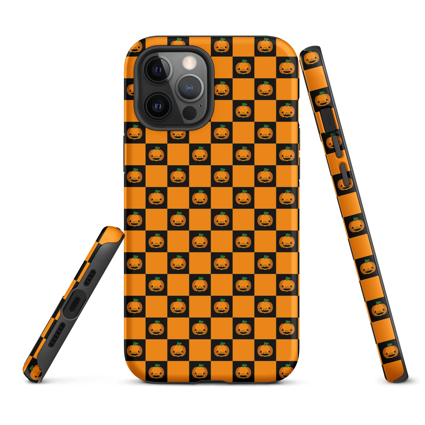 Phone Case for iPhone with playful pumpkin checkered Halloween design featuring orange and black squares with jack-o’-lanterns.