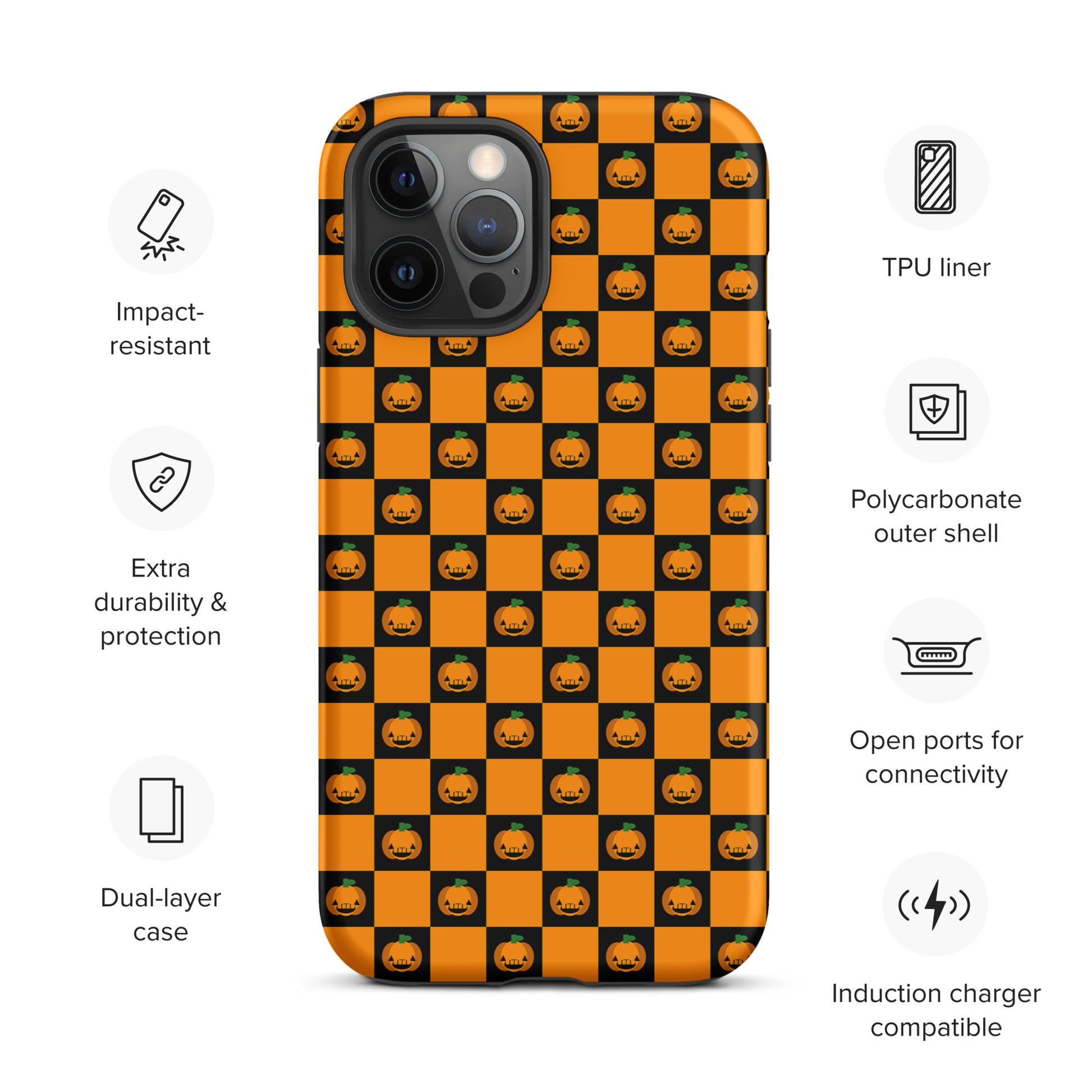 Phone Case for iPhone with playful pumpkin checkered Halloween design featuring orange and black squares with jack-o’-lanterns