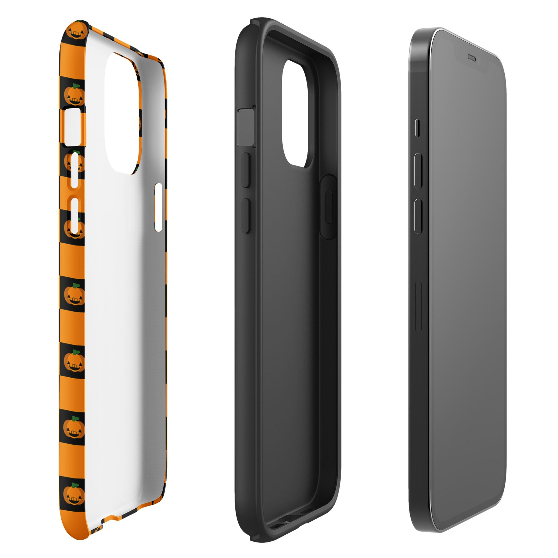 Phone Case for iPhone - Playful Pumpkin Checkered Halloween Design with jack-o’-lantern pattern, orange and black checkered theme.