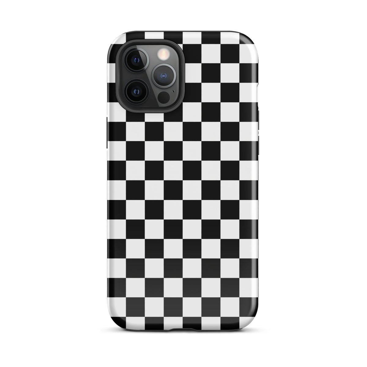 Bold checkered phone case for iPhone featuring a black-and-white pattern with a racing vibe, named Bold Checkered Tough Case.