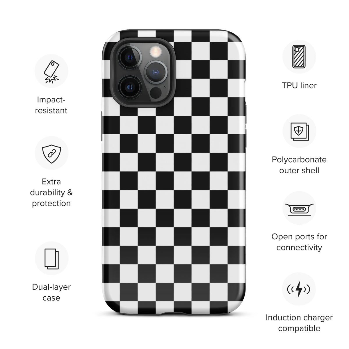 Phone Case for iPhone with bold black-and-white checkered pattern, impact-resistant dual-layer, extra durability, and open ports.