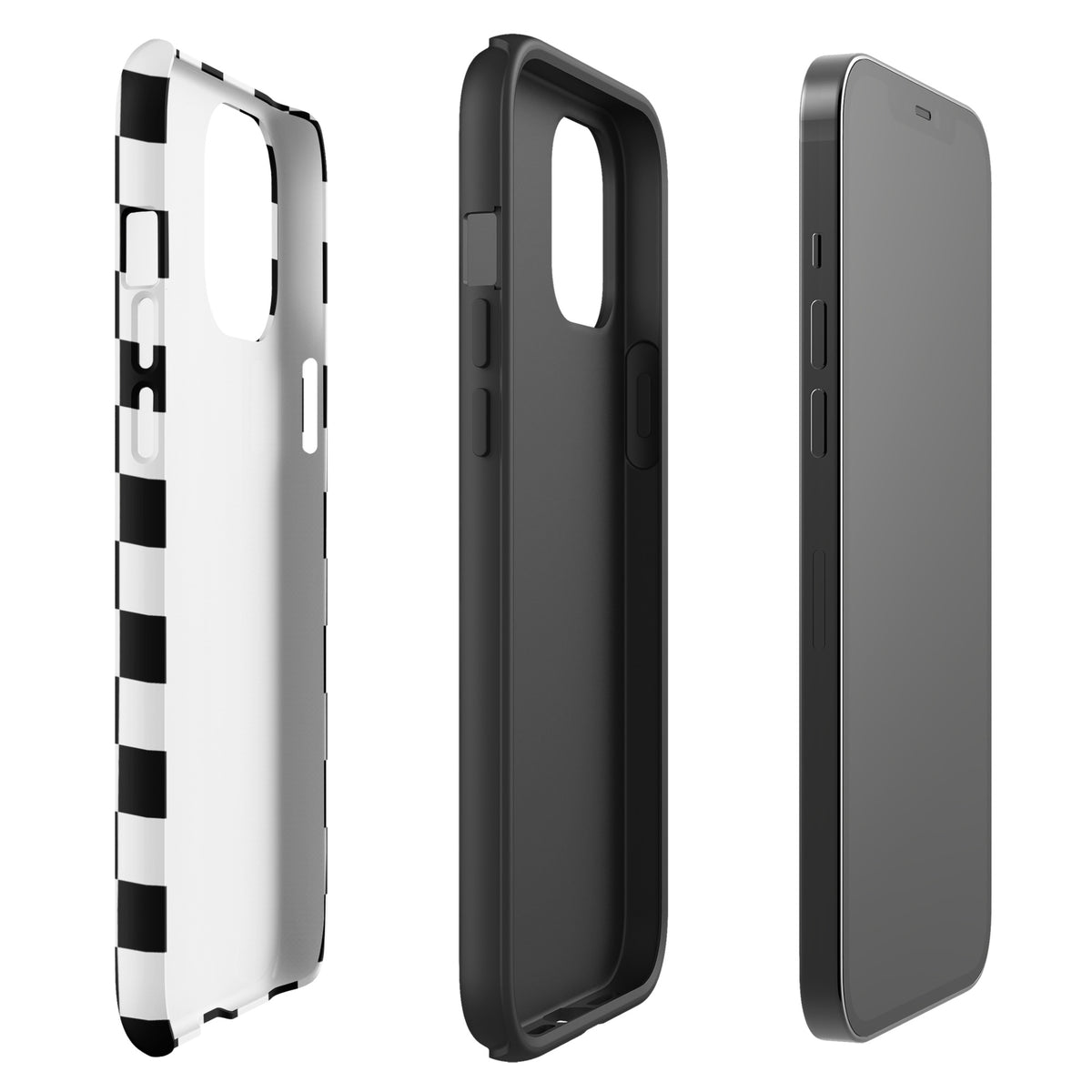 Phone Case with bold checkered design for iPhone, showcasing playful and stylish black and white pattern, tough and durable.