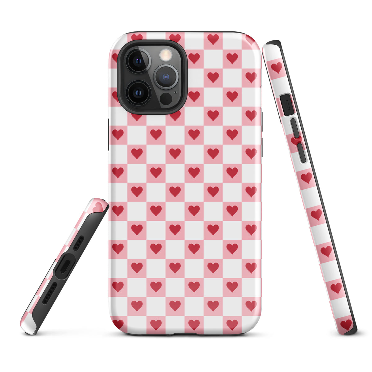 Phone Case for iPhone with pink-and-white checkered design and red hearts, adding charm and style to your mobile accessory collection.