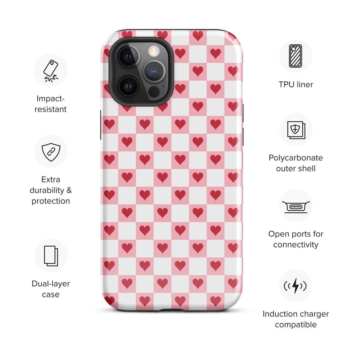 Phone Case for iPhone with pink-and-white red hearts checkered design, impact-resistant, polycarbonate shell, and dual-layer protection.