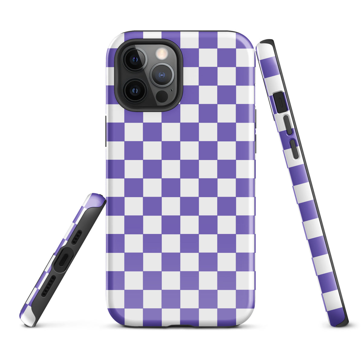 Phone Case for iPhone with purple and white checkered pattern, stylish and playful design for a bold look.