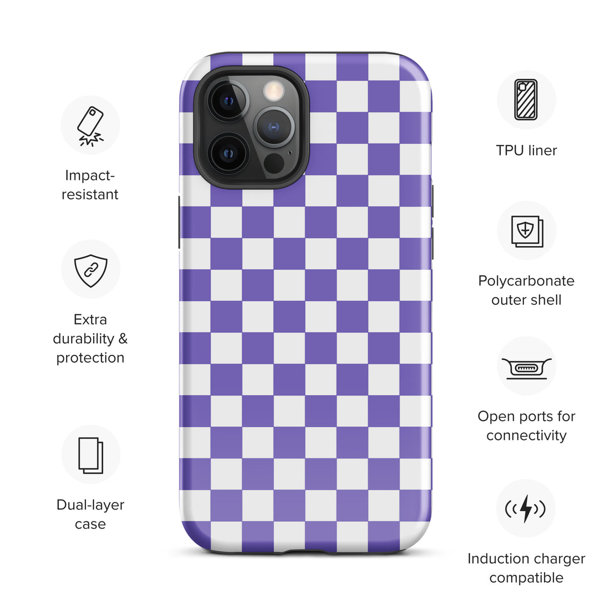 Purple and white checkered Phone Case for iPhone with impact-resistant TPU liner and polycarbonate shell for durability.