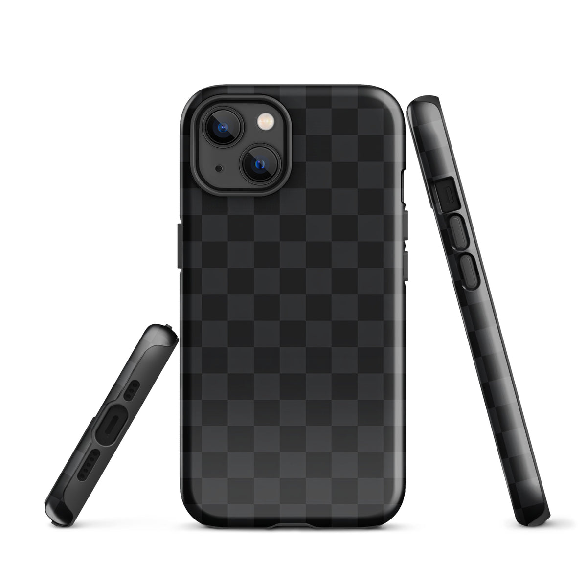 Phone Case for iPhone with black and charcoal checkered design, modern minimalist style, offering sleek protection.