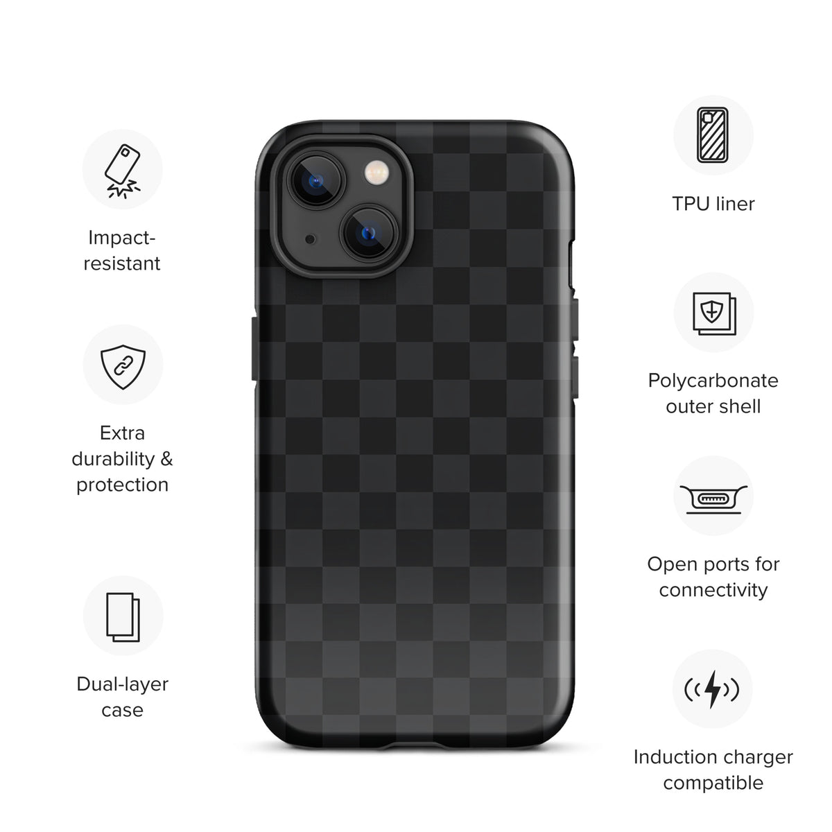 Phone Case for iPhone with black and charcoal checkered design, featuring impact-resistant TPU liner, extra durability, and charger compatibility.