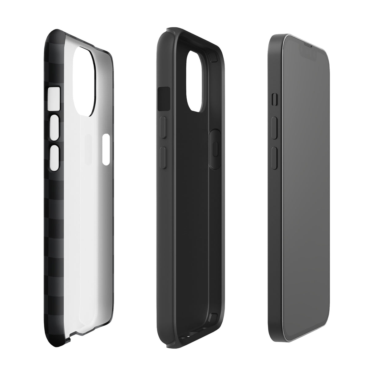 Phone Case for iPhone featuring black and charcoal checkered design, modern minimalist style, showing front, back, and side views.