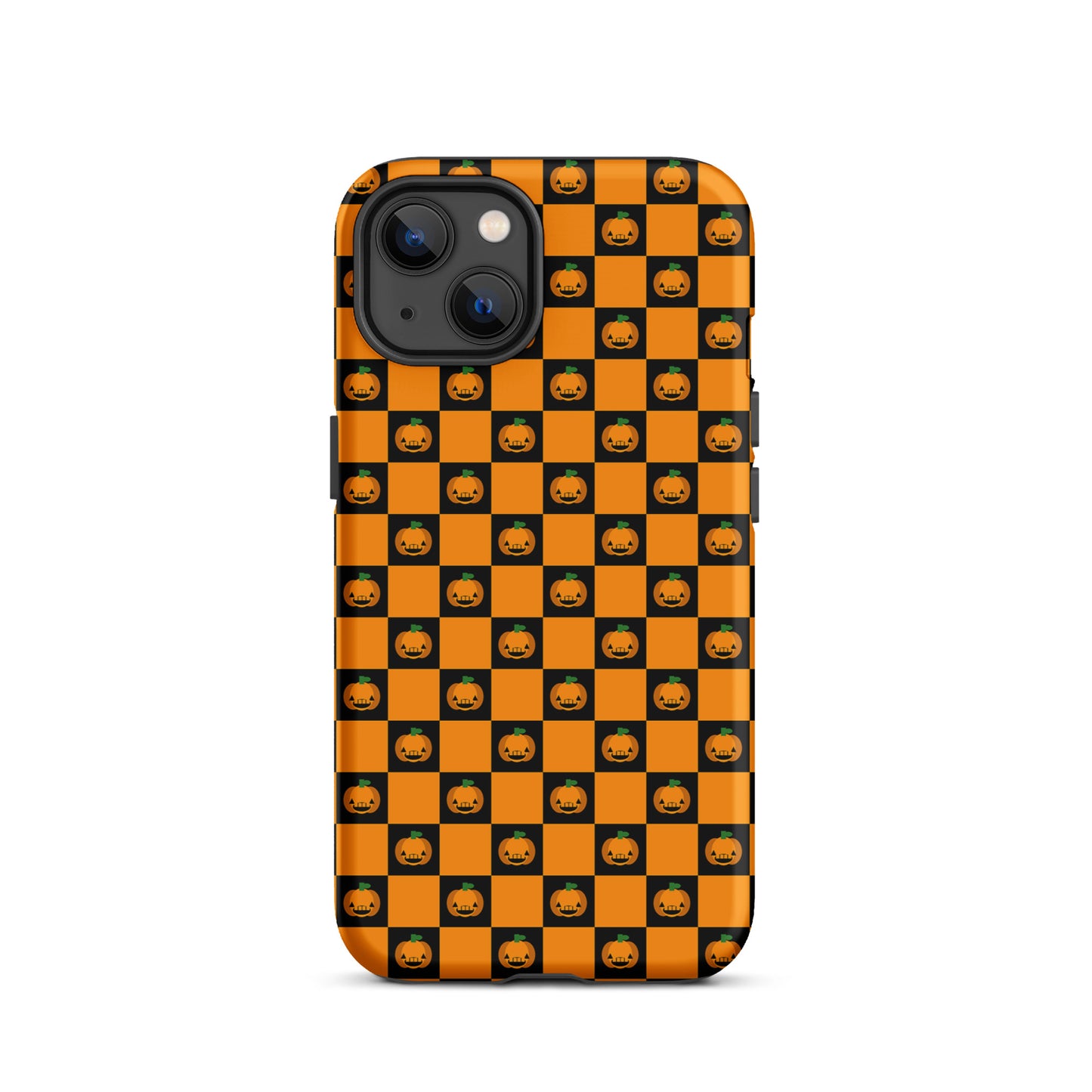Phone Case with Halloween checkered pumpkin design for iPhone, featuring orange and black squares with smiling jack-o'-lanterns.