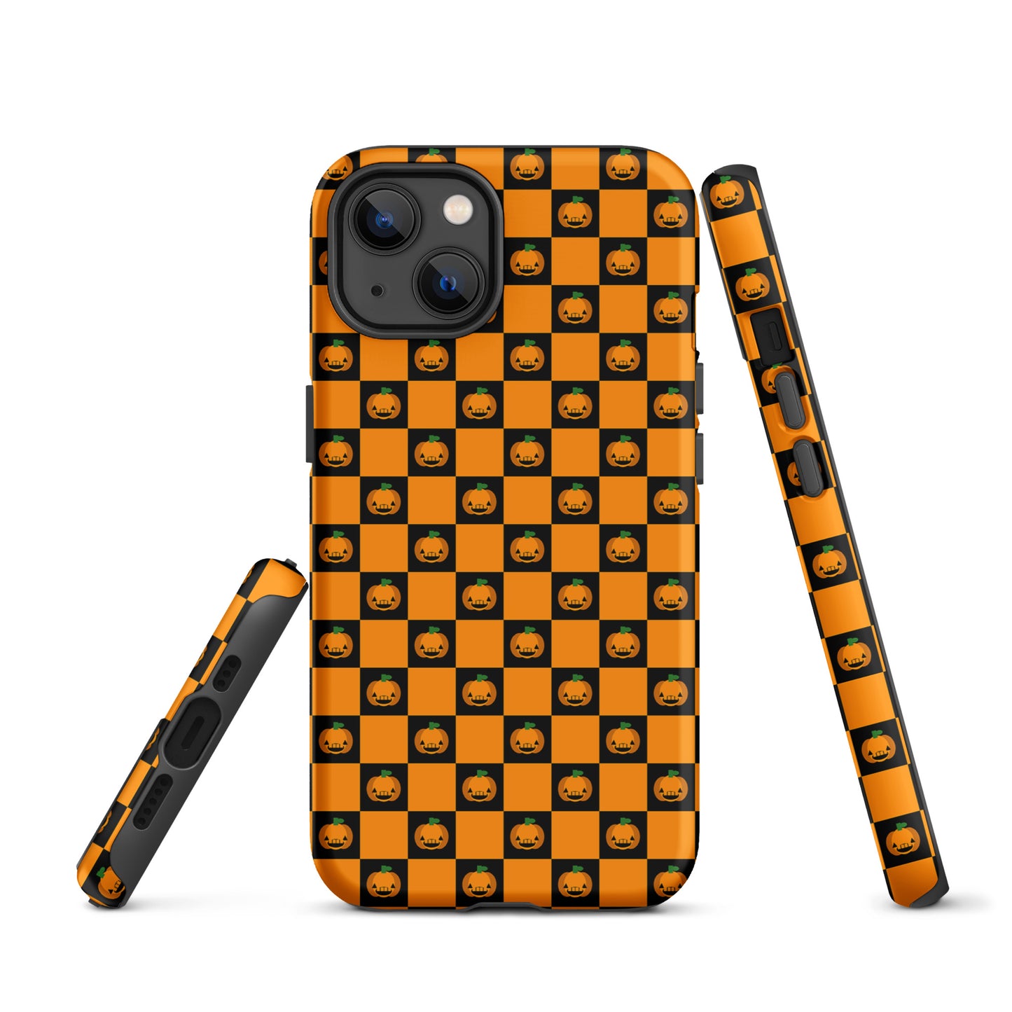 Phone Case for iPhone with playful pumpkin checkered Halloween design, featuring orange and black squares with jack-o'-lanterns.