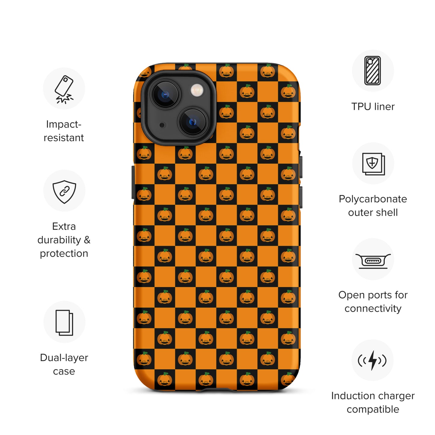 Phone Case for iPhone with playful pumpkin checkered Halloween design, featuring impact-resistant dual-layer protection and open ports.