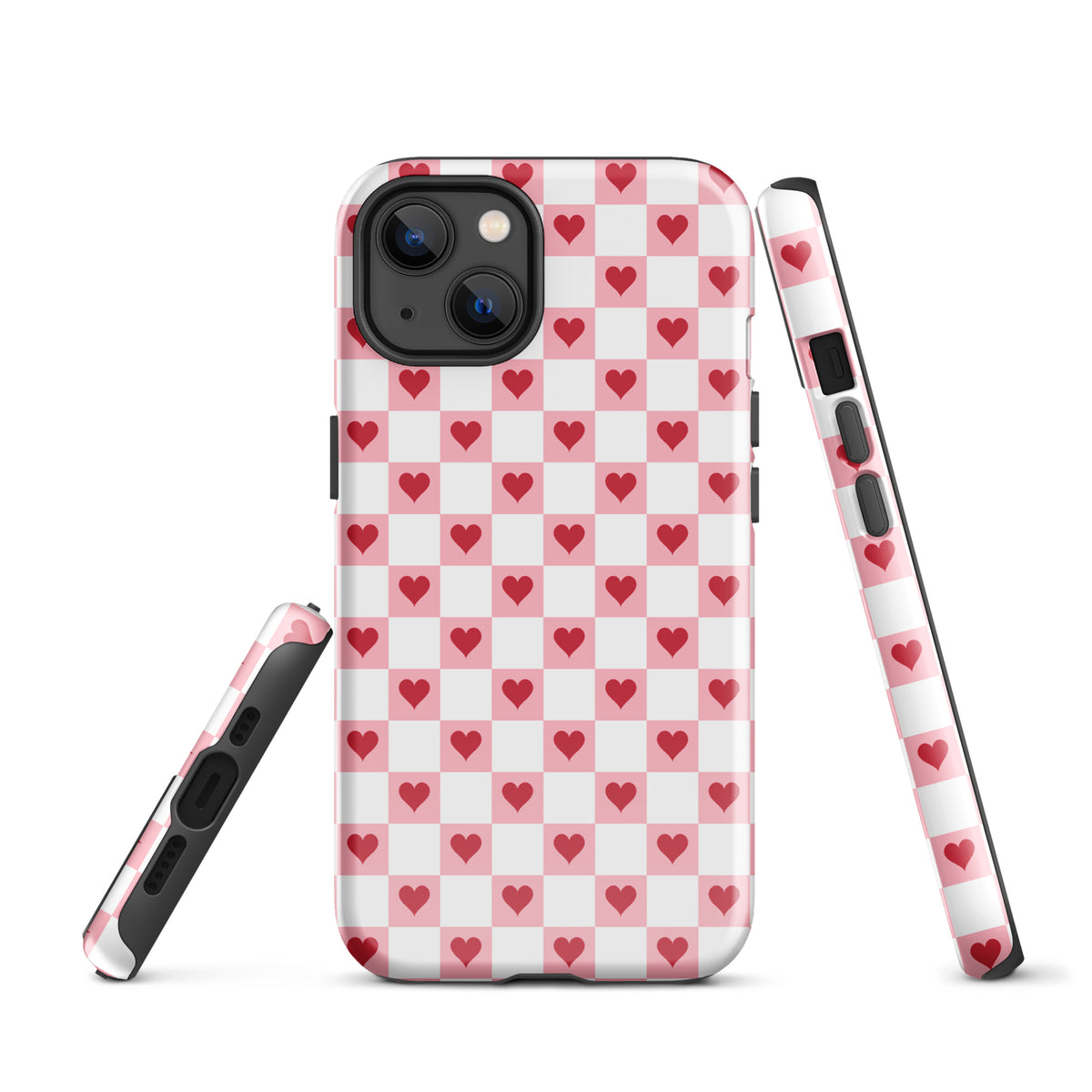 Phone Case for iPhone with pink-and-white checkered design and red hearts, charming and modern accessory.