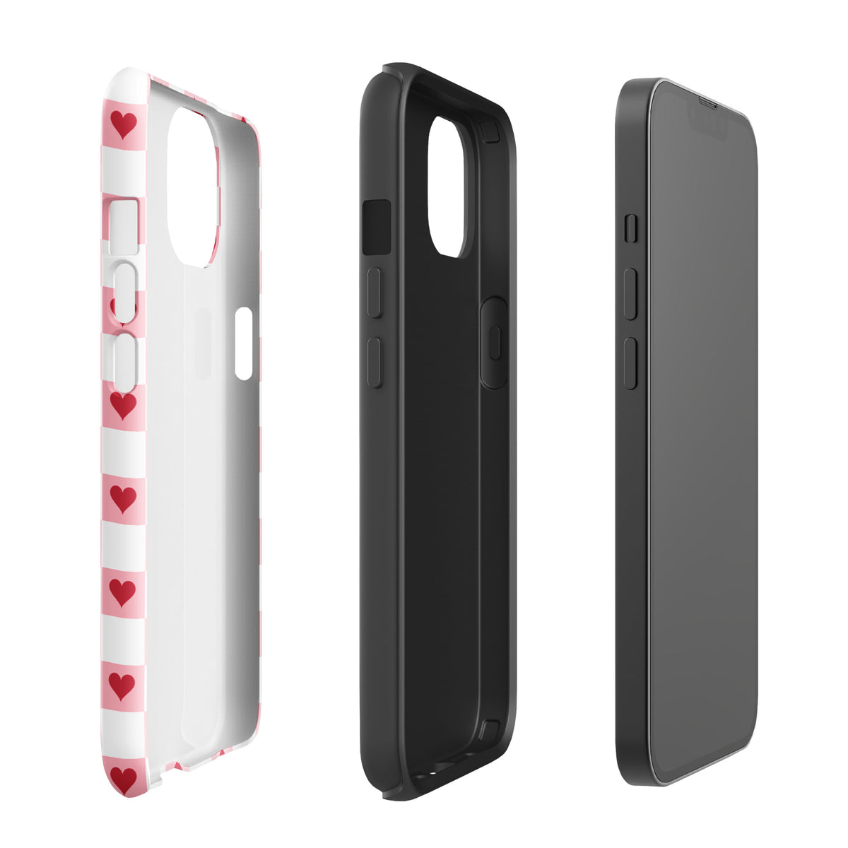 Phone Case with pink and white red hearts checkered design for iPhone, shown in different angles.