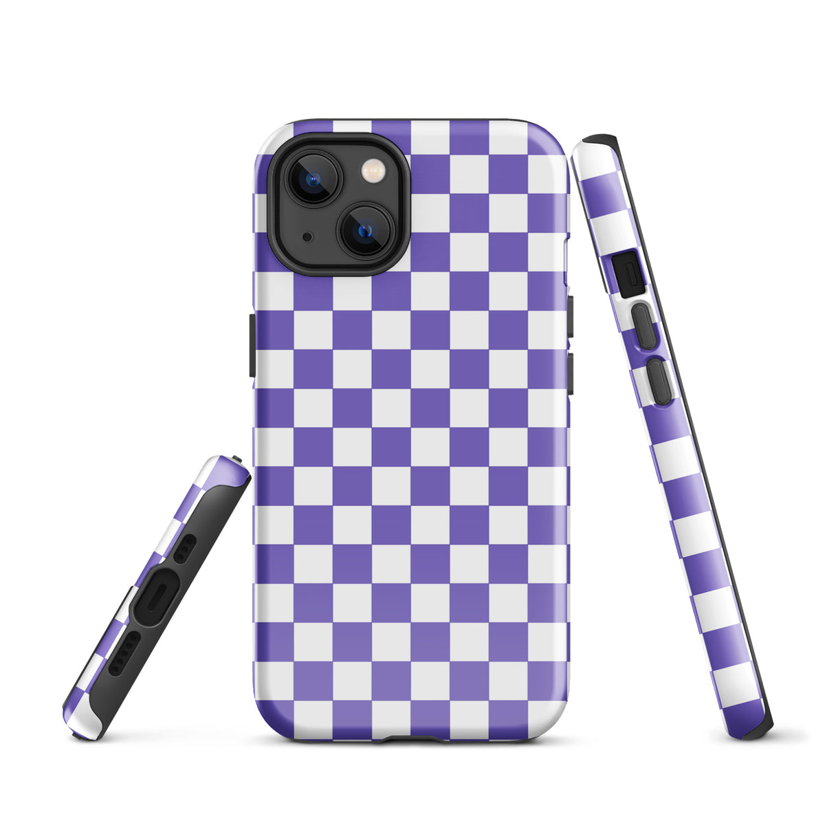 Phone Case for iPhone in purple and white checkered pattern, showcasing stylish and playful design for fashion-conscious users.