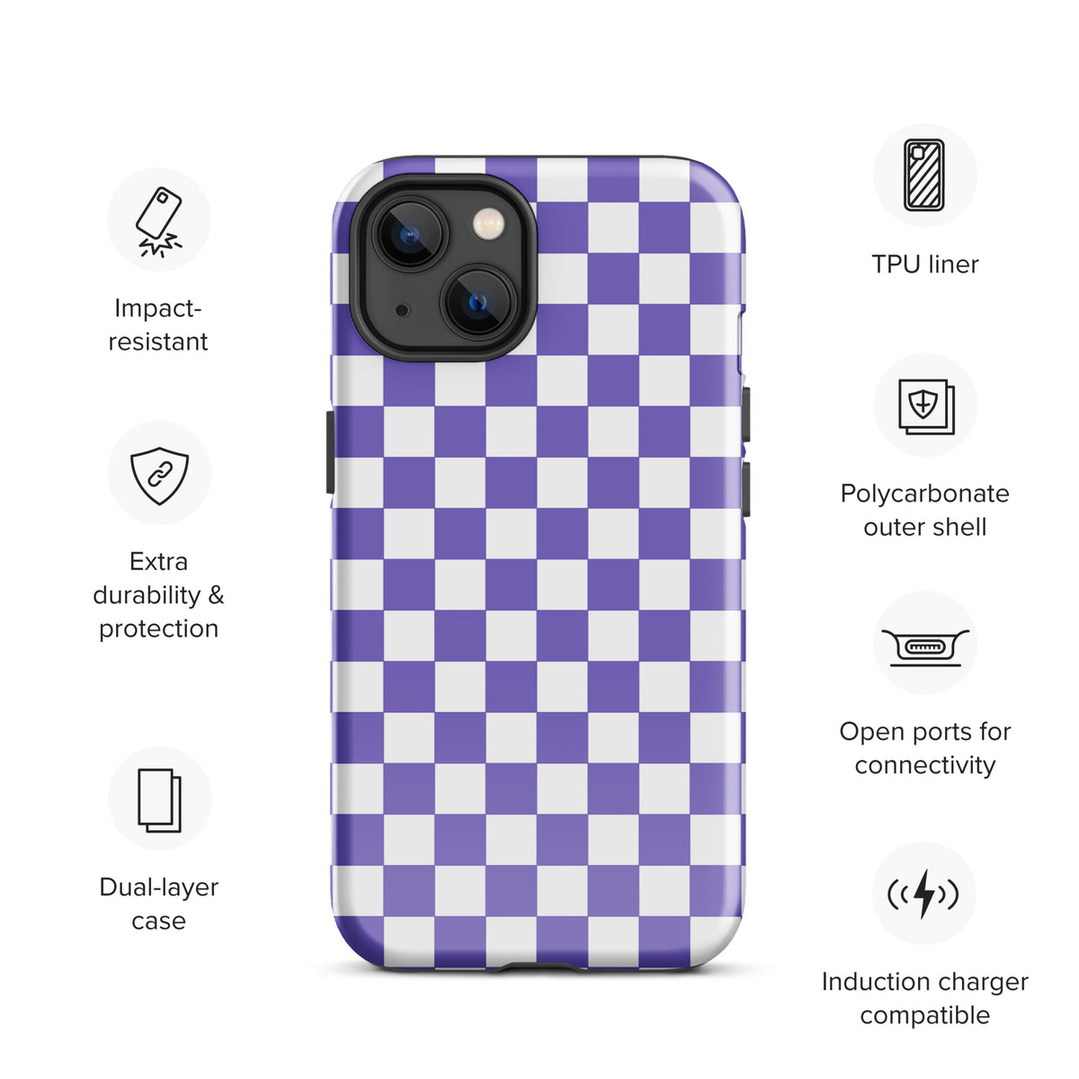 Purple and white checkered Phone Case for iPhone with TPU liner and polycarbonate shell, showcasing impact resistance and style.