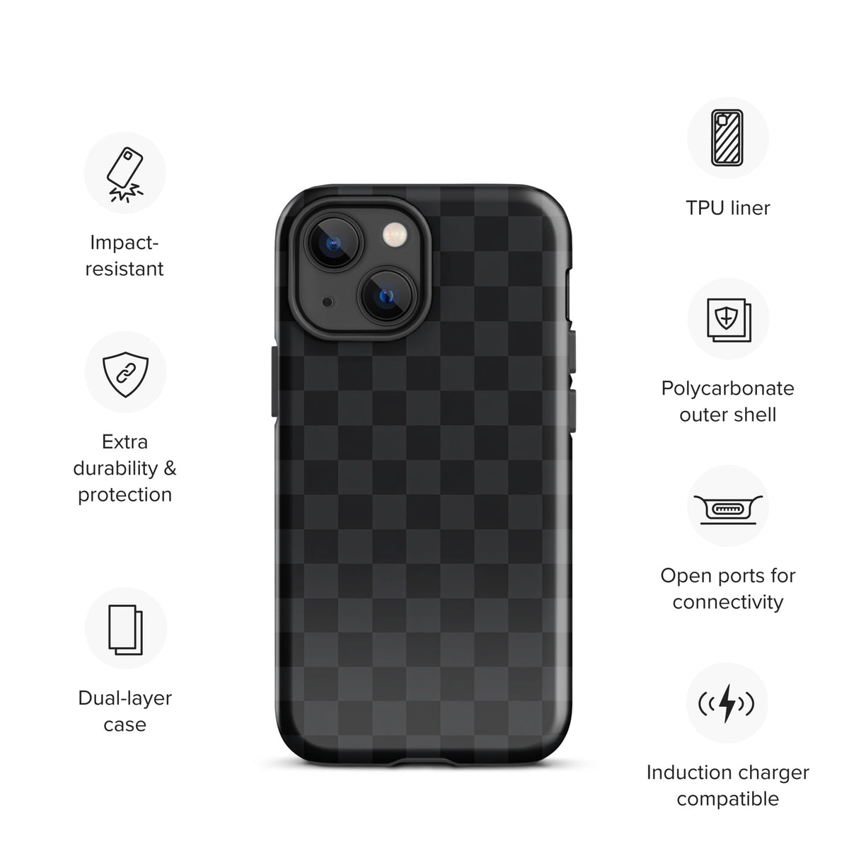 Phone Case for iPhone with black and charcoal checkered design, impact-resistant, dual-layer, and compatible with induction chargers.