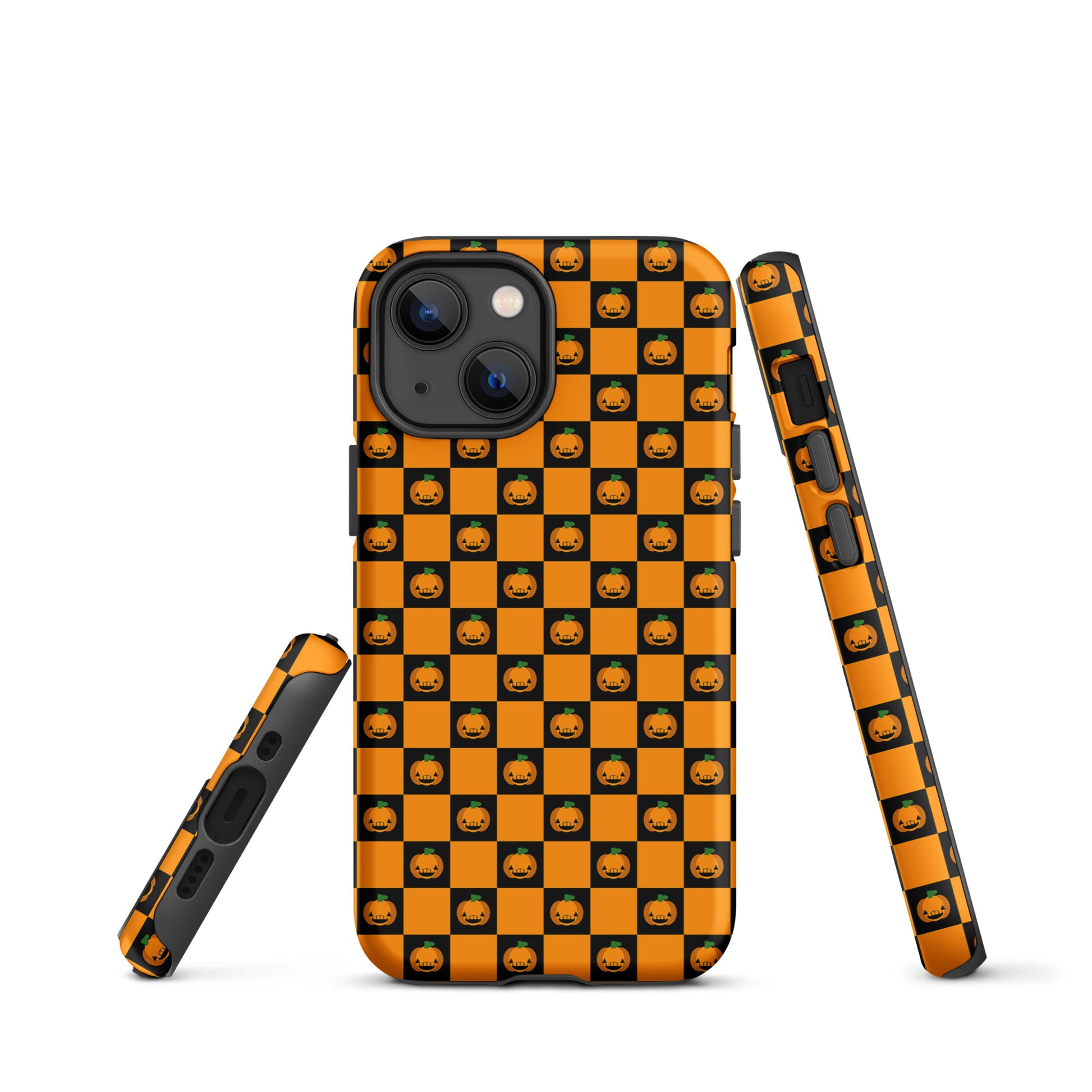 Phone Case for iPhone with playful pumpkin checkered Halloween design, featuring orange and black squares with jack-o’-lanterns.