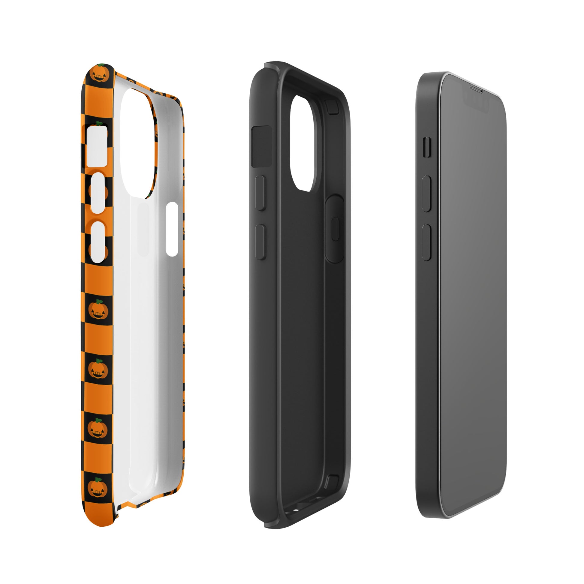Phone Case for iPhone with playful pumpkin checkered Halloween design, featuring alternating orange and black squares with jack-o'-lanterns.