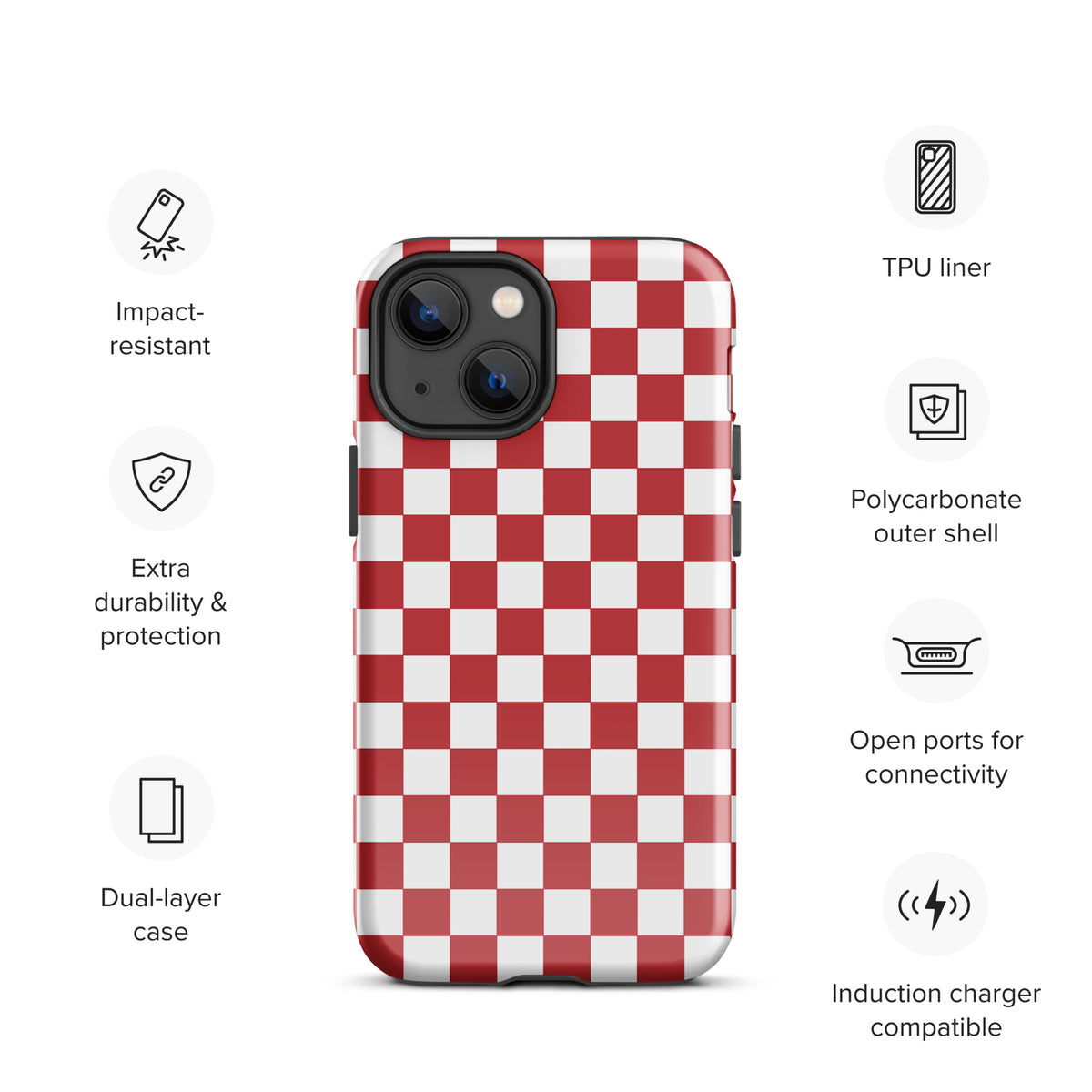 Phone Case for iPhone with crimson red checkered design, impact-resistant and induction charger compatible, stylish and protective.