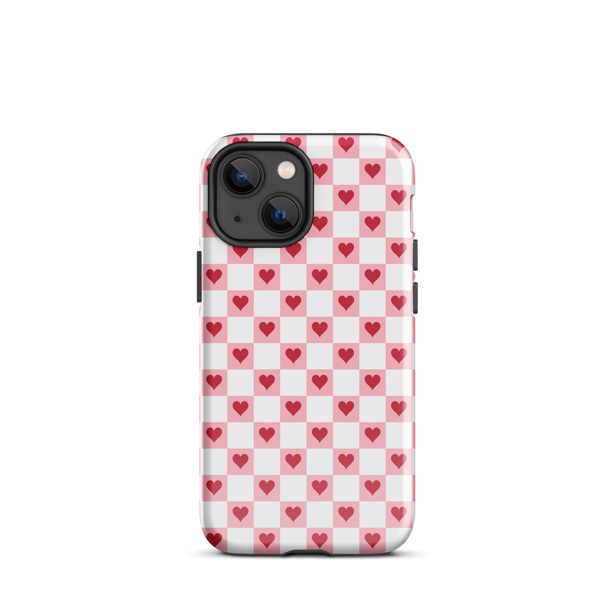 Phone Case for iPhone with pink-and-white checkered design featuring red hearts, providing charm and style for everyday use.
