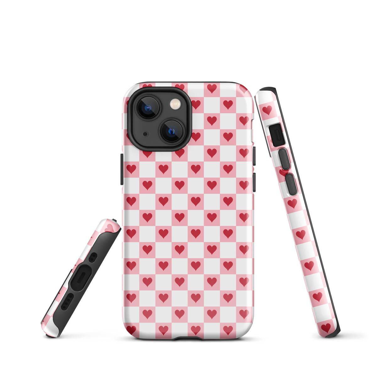 Phone Case for iPhone with pink-and-white checkered design and red hearts, charming and modern accessory for everyday use.