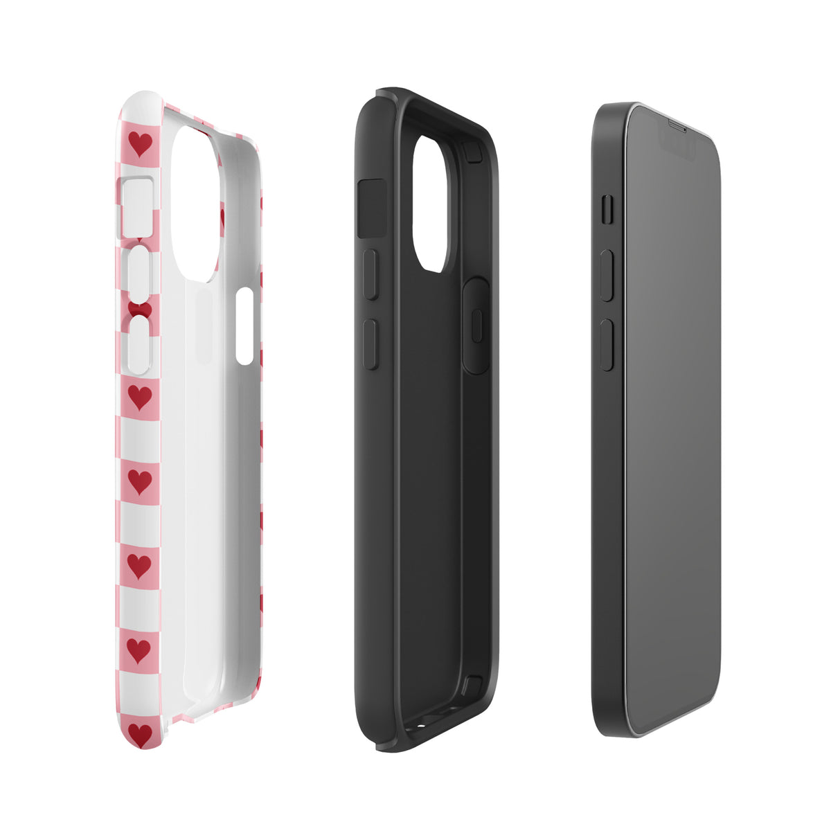 Phone Case for iPhone with Pink-and-White Checkered Design and Red Hearts, showcasing front and back views.