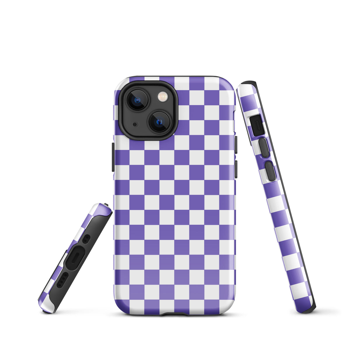 Phone Case for iPhone with purple and white checkered pattern showcasing style and personality.