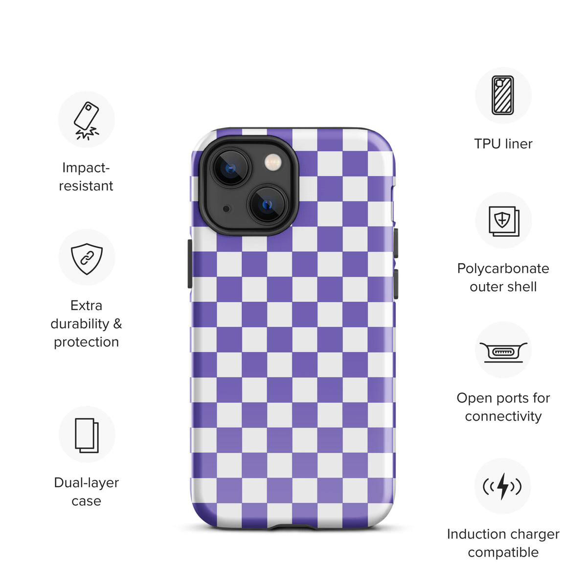 Phone Case with purple and white checkered design for iPhone, featuring impact-resistant TPU liner and polycarbonate shell.