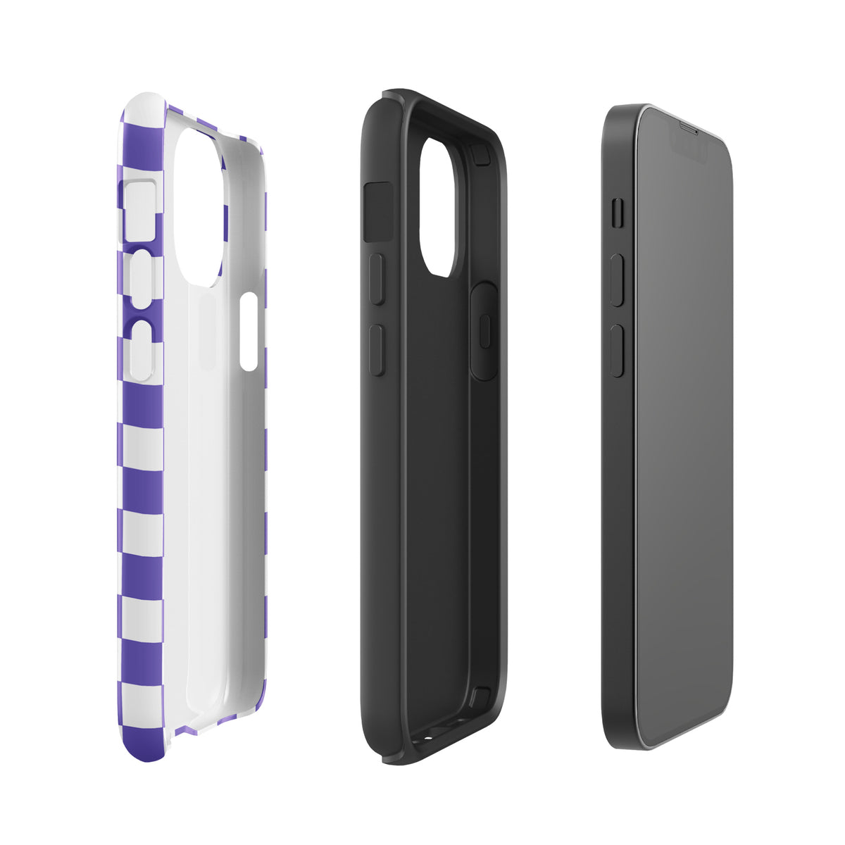 Phone Case for iPhone with purple and white checkered design for style, showing front and back views. Bold and playful.
