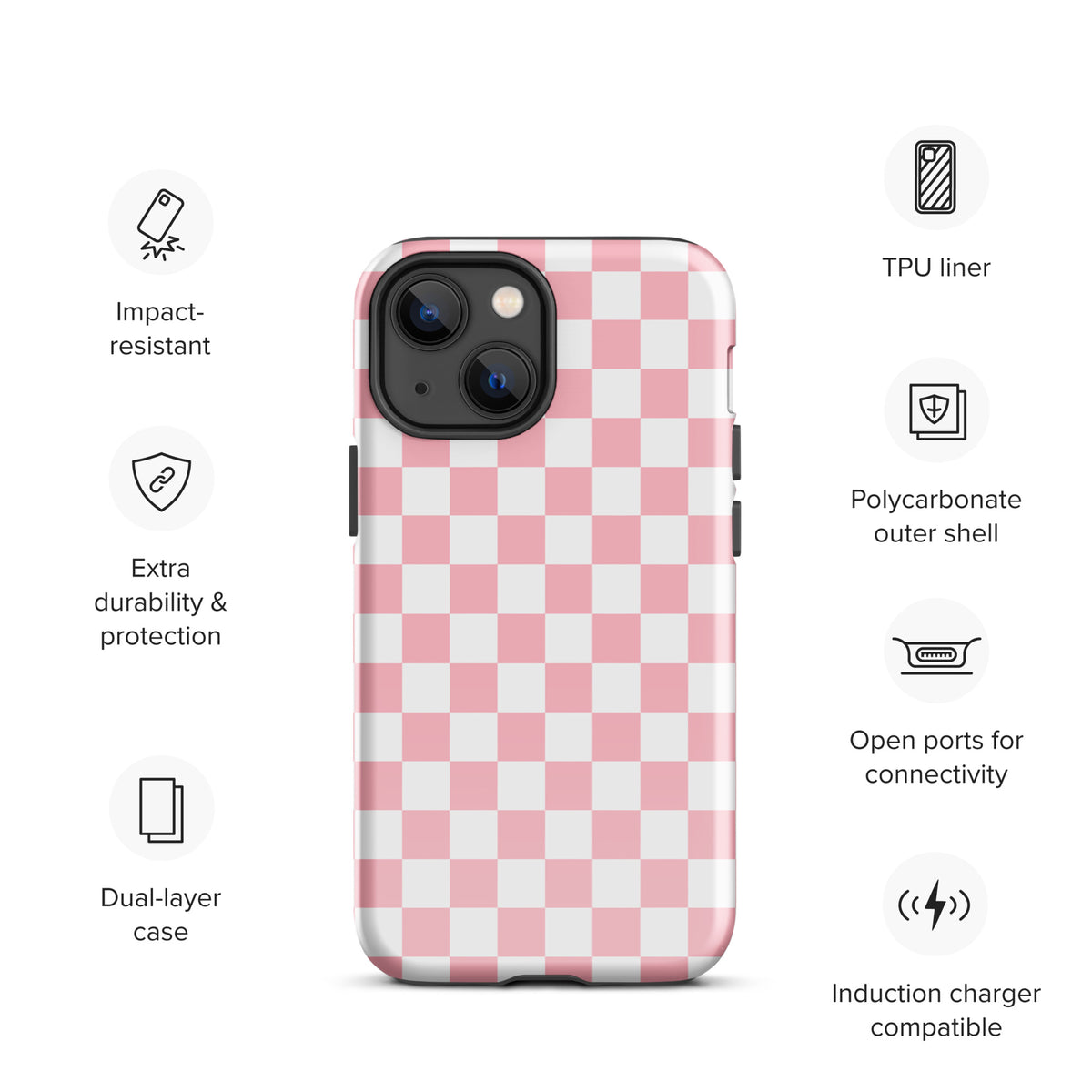 Phone Case for iPhone with pink and white checkered pattern, impact-resistant, durable, polycarbonate shell, dual-layer protection.